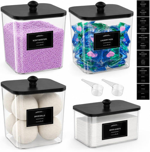 3+1 Pack Clear Laundry Pods Container & Dryer Sheet Holder Black Lid