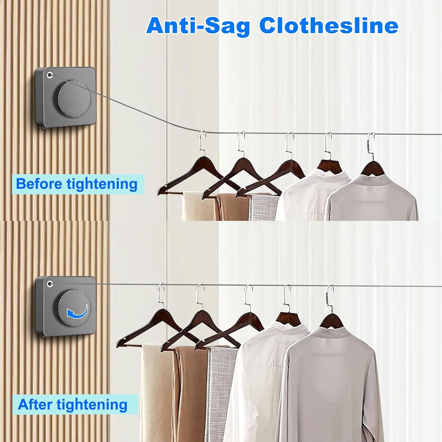 15.7Ft Retractable Clothesline Indoor Is Also an Anti-Sag Retractable Clothesline Outdoor,Stainless Steel Wire Laundry Line Retractable for Drying Clothes ，With 12 Clip (Grey)