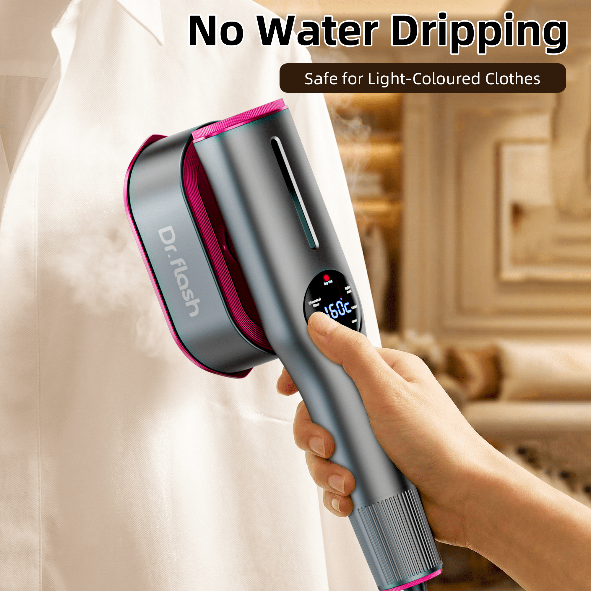 Dr.Flash 1200W Handheld Garment Steamer, Portable Clothes Steamer with LED Display, 7 Settings, 90 Degree Swivel Handle for Home and Travel