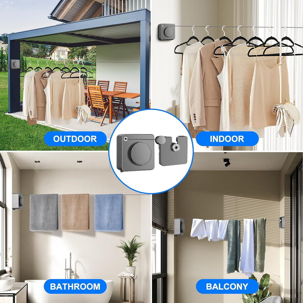 15.7Ft Retractable Clothesline Indoor Is Also an Anti-Sag Retractable Clothesline Outdoor,Stainless Steel Wire Laundry Line Retractable for Drying Clothes ，With 12 Clip (Grey)