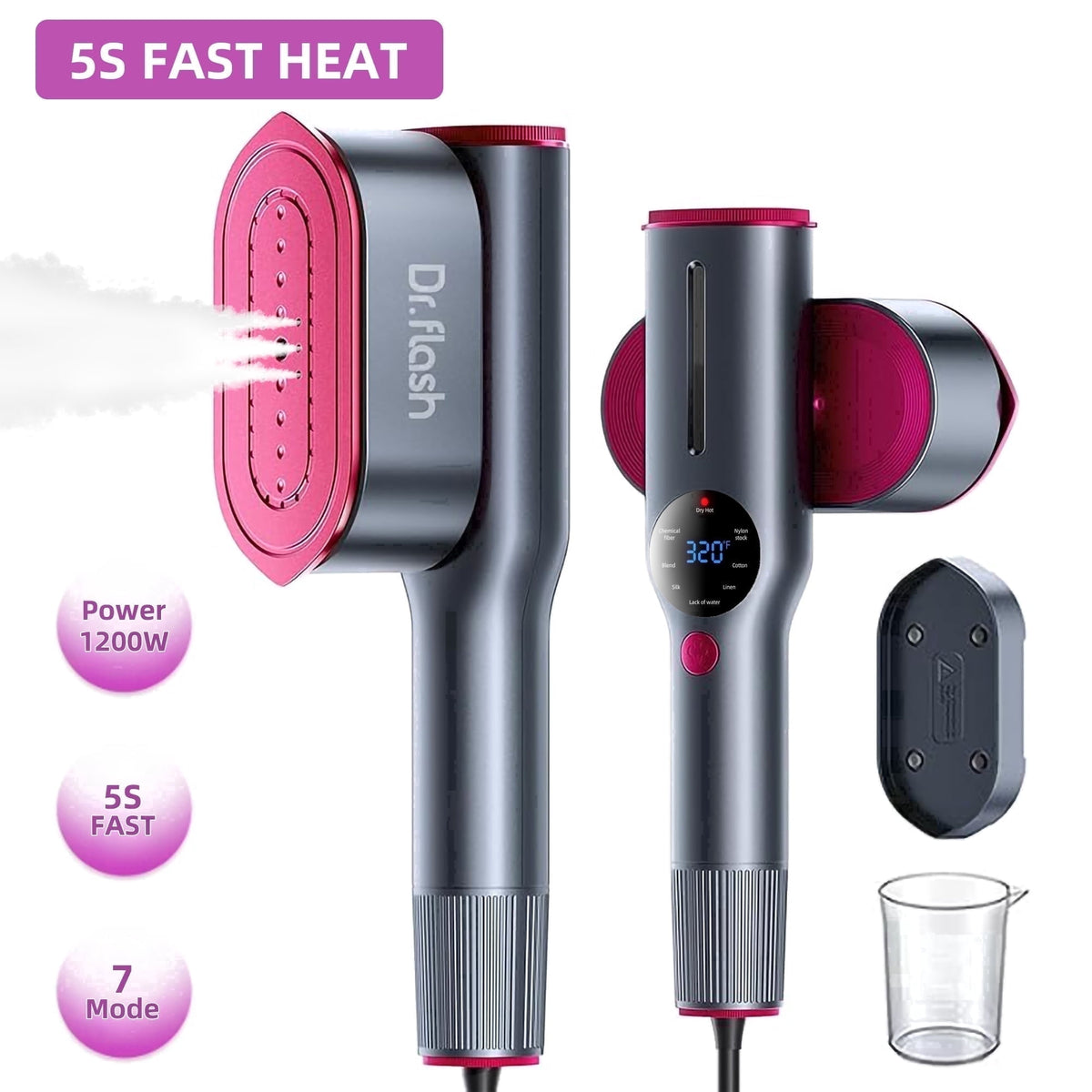 Dr.Flash 1200W Handheld Garment Steamer, Portable Clothes Steamer with LED Display, 7 Settings, 90 Degree Swivel Handle for Home and Travel